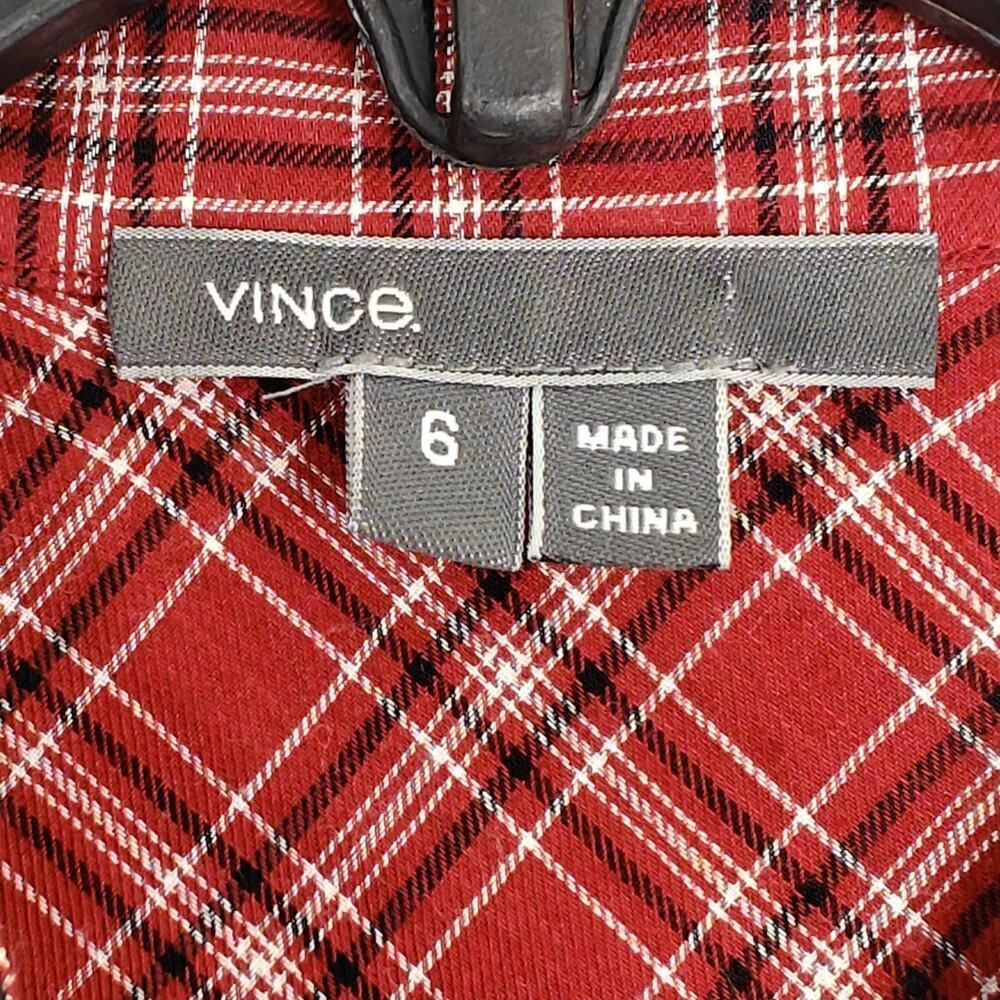 Vince Plaid Button Front Shirt Lamb Leather Collar Size 6 Red Black Long Sleeves - Picture 6 of 11